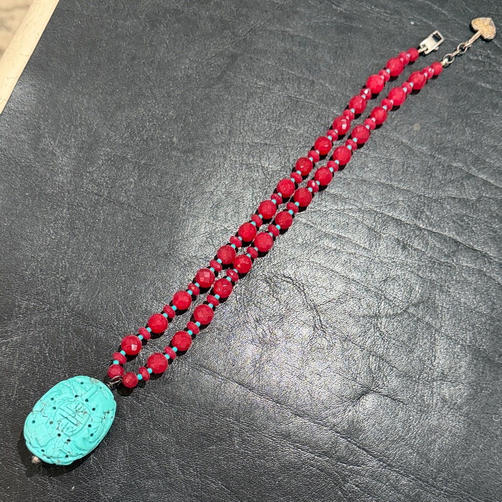 Turquoise and Red Beaded Necklace